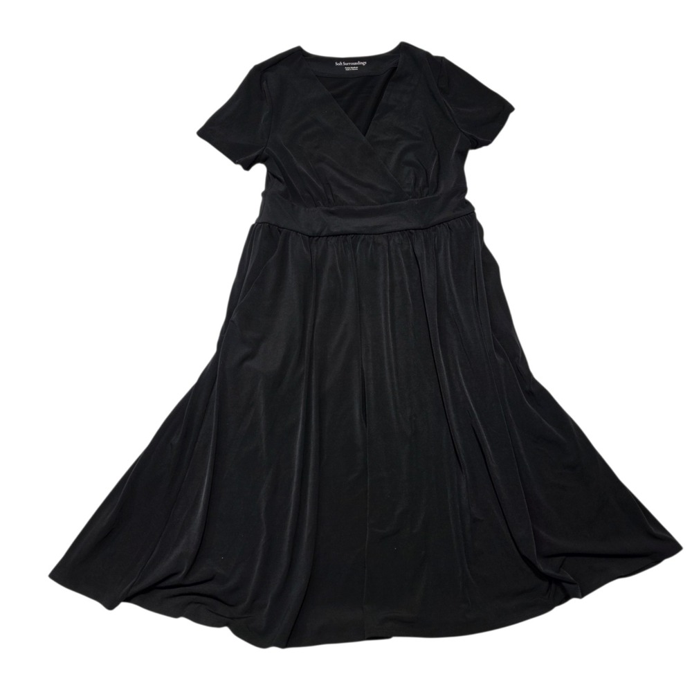 Soft Surroundings Dress Women Petite Medium Black Short Sleeve Faux Wrap Midi
